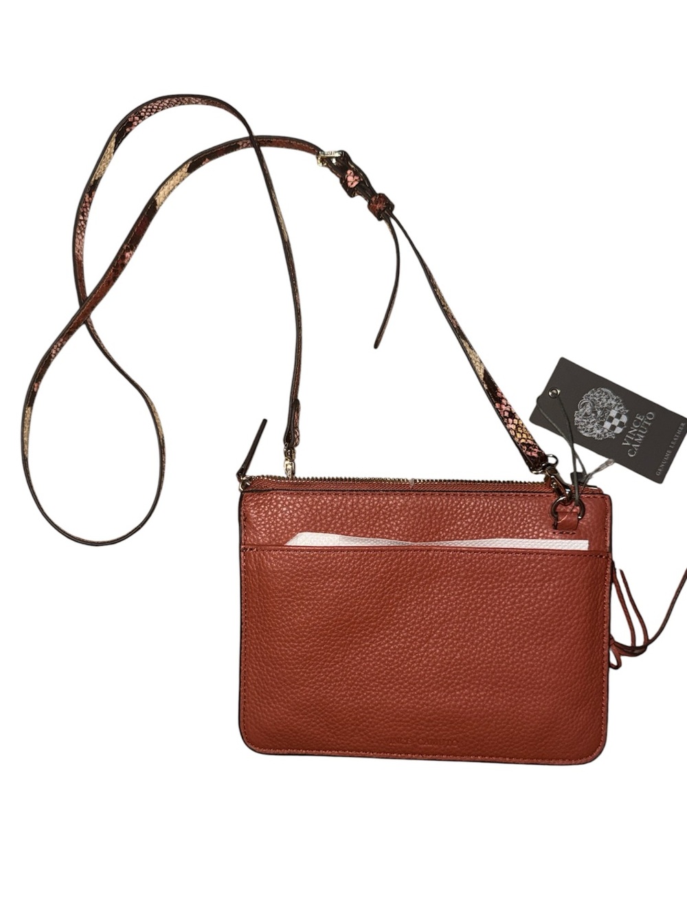 •VINCE CAMUTO•NWT WARM CEDAR BROWN& MULITCOLOR SNAKESKIN LEATHER CROSSBODY($148)